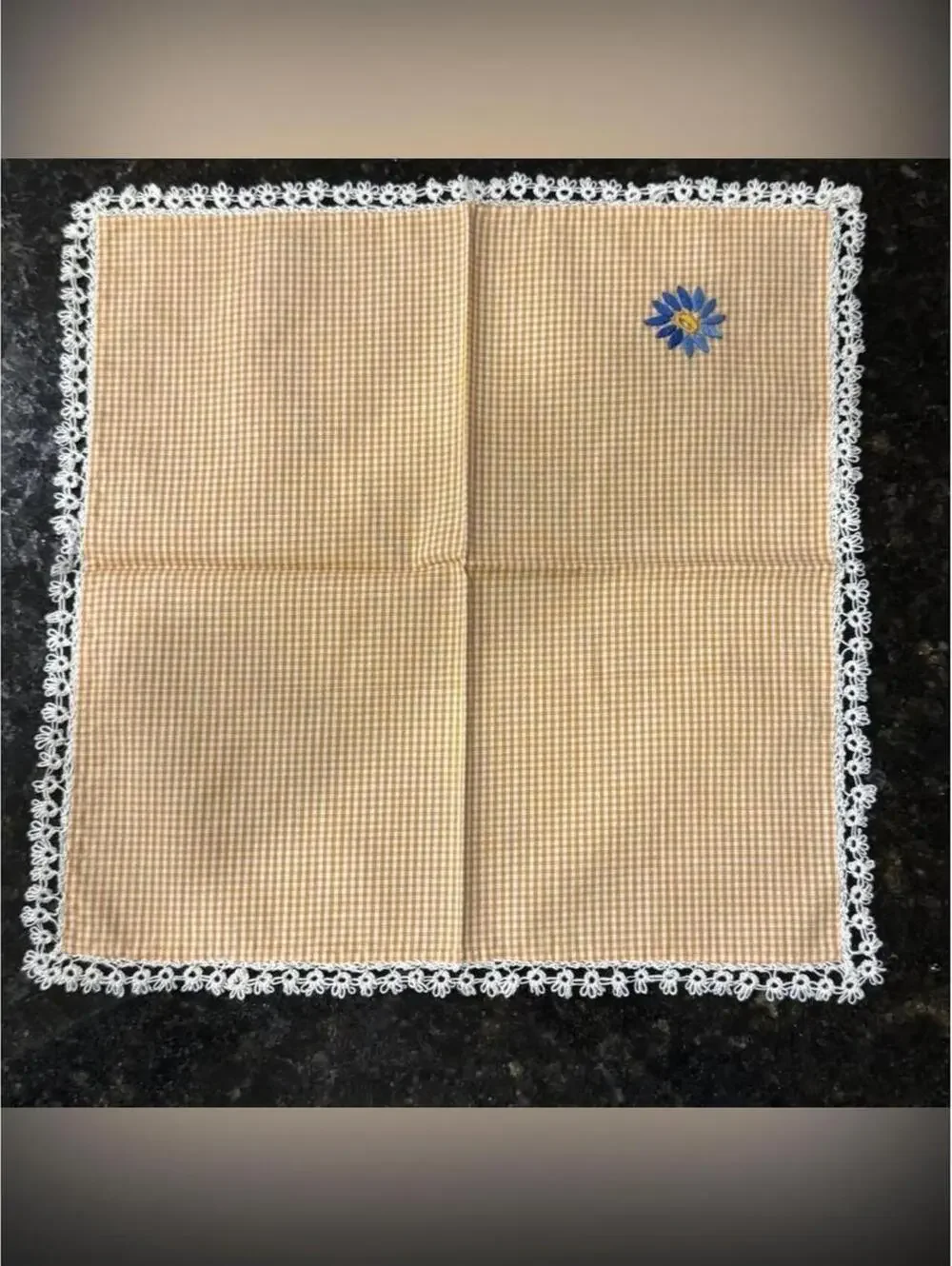 Vintage Orange Gingham Cloth Napkins with Hand-Embroidered Blue Daisy
